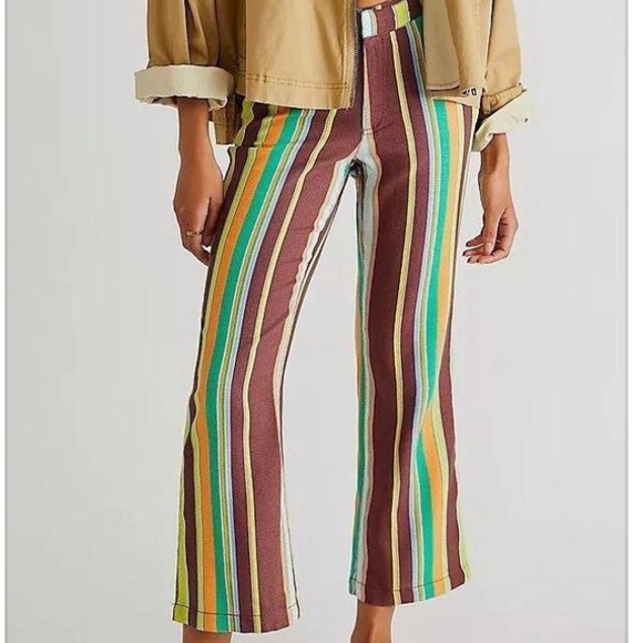 Free People Pants - Free People La Paz Slim Crop Pants,stripped multi colored, Brown,Size 6